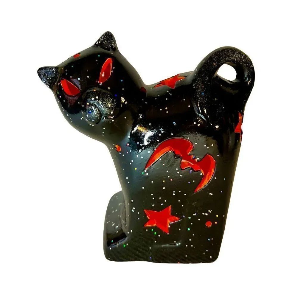VTG Halloween Black Orange Ceramic Cut Out Glitter Cat Tealight Holder Decor